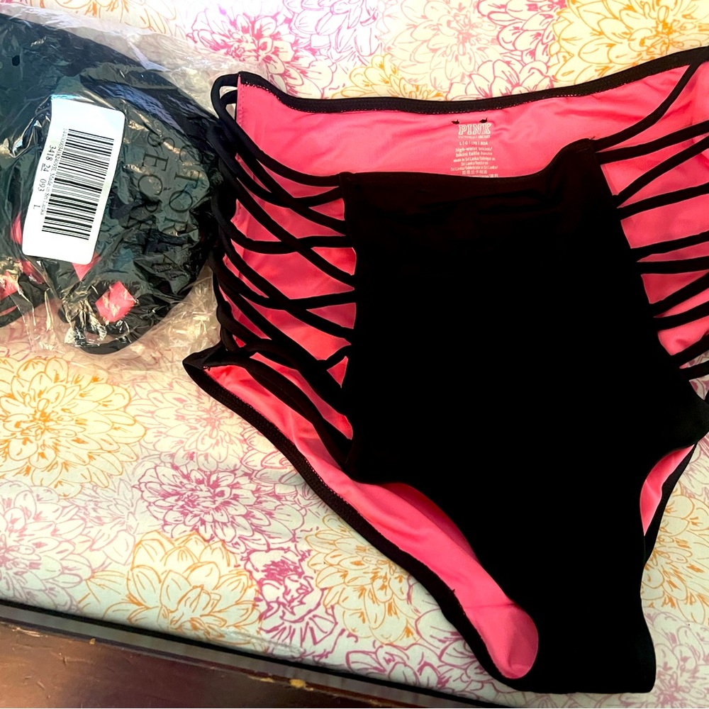 Pink Victoria’s Secret high waisted bikini bottom Large, black. NEW WITH TAGS.